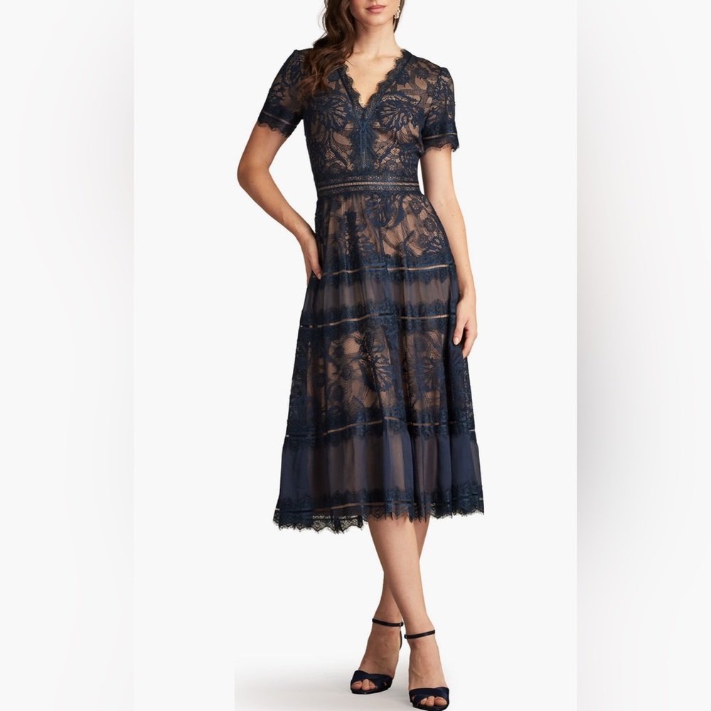 Tadashi Shoji Lace & Mesh Midi Cocktail Dress - Navy